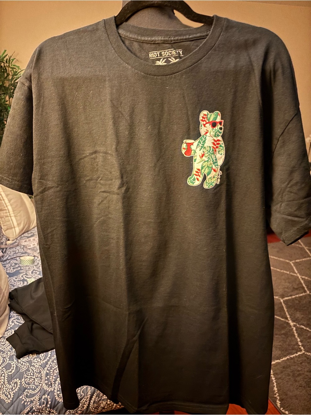 riot society Black Short Sleeve Tee with Colorful Tropical Bear Patch